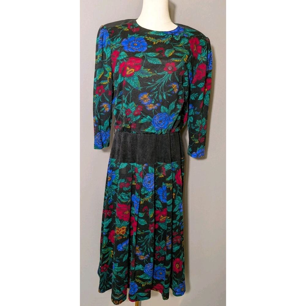 Vintage Black Floral Dress Size 10 Black Long Sleeve Midi Long Sleeve 80s 90s